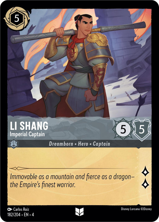 A Disney Lorcana trading card featuring Li Shang - Imperial Captain (182/204) [Ursula's Return]. He stands confidently in armor, wielding a sword. The card boasts a strength of 5 and willpower of 5. It includes the text: "Immovable as a mountain and fierce as a dragon—the Empire's finest warrior.