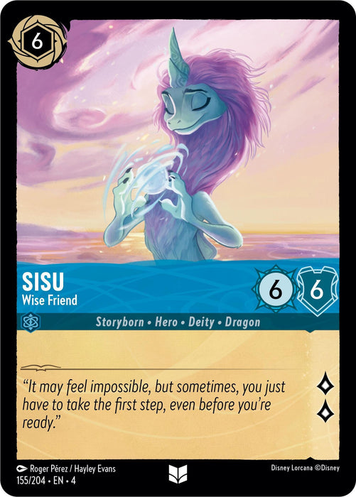 A Disney trading card named "Sisu - Wise Friend (155/204) [Ursula's Return]," featuring a dragon character holding a glowing object. Sisu has a purple mane, blue scales, and gracefully closed eyes against a pastel sky. The card displays 6 cost, 6 attack, and 6 defense. Release date: 2024-05-17. A quote reads, “It may feel impossible, but