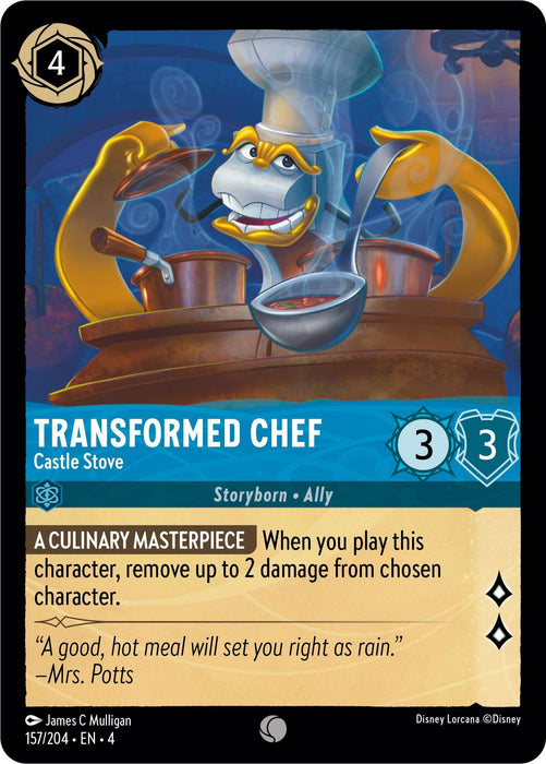 A Disney Lorcana card titled "Transformed Chef - Castle Stove (157/204) [Ursula's Return]," featuring a smiling stove character with arms and a chef's hat, stirring a pot with steam rising. Card stats: Cost 4, Strength 3, Willpower 3. Text: "A Culinary Masterpiece" ability and flavor text: "As grand as Ursula's Return.
