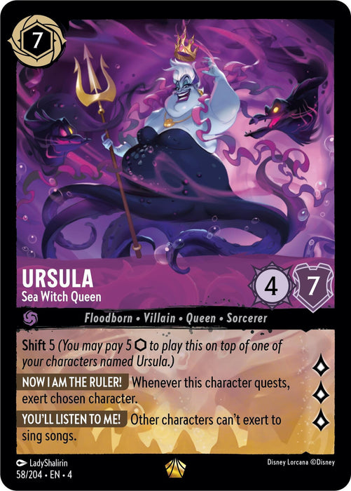 A Disney Ursula - Sea Witch Queen (58/204) [Ursula's Return] trading card featuring "Ursula, Sea Witch Queen" from "The Little Mermaid." This legendary card portrays Ursula holding a trident, surrounded by her eels, Flotsam and Jetsam. The card shows her stats: cost of 7, power of 4, and toughness of 7. It includes Ursula's Return abilities and special effects.
