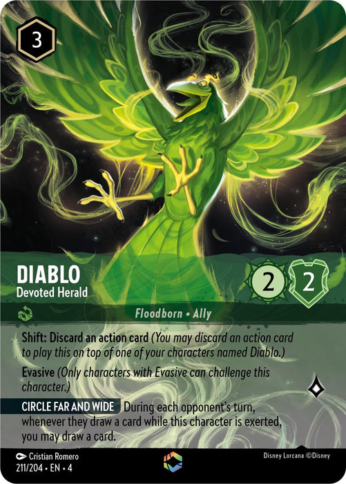 A collectible card features a vibrant green, phoenix-like bird named Diablo - Devoted Herald (Enchanted) (211/204) [Ursula's Return] with spread wings and a glowing aura. The enchanted card details its abilities and depicts its stats as 2 strength and 2 willpower. The background shows an ethereal, green-tinged forest with magical energy swirling around.