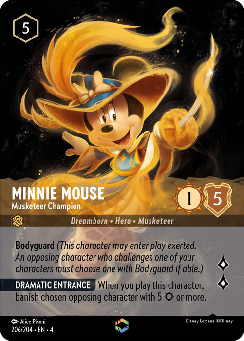 A card image featuring an enchanted Minnie Mouse dressed as a musketeer with a hat and a feather. The card details are: Cost 5, Strength 1, Willpower 5, Product Name "Minnie Mouse - Musketeer Champion (Enchanted) (206/204) [Ursula's Return]." Abilities include Bodyguard and Dramatic Entrance. Brand Name is Disney.