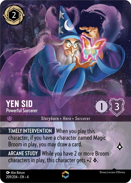 An illustrated game card featuring Yen Sid, an enchanted and powerful sorcerer dressed in a blue robe and pointed wizard hat. He stands casting a spell with glowing, colorful magical energy swirling from his hands. The card has various text and stats indicating abilities and effects in the game, hinting at Ursula's Return—Disney Yen Sid - Powerful Sorcerer (Enchanted) (209/204) [Ursula's Return].