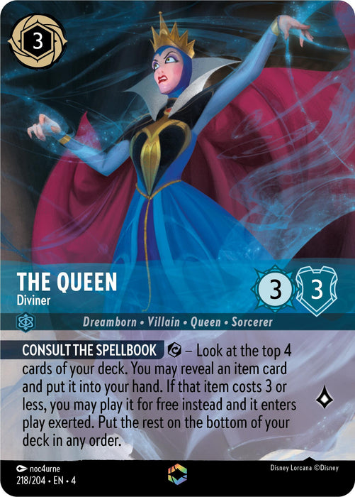 A Disney Lorcana card titled "The Queen - Diviner (Enchanted) (218/204) [Ursula's Return]," depicting an evil queen holding a glowing item while her other hand is raised menacingly. The Enchanted card features stats (cost 3, strength 3, willpower 3) and a special ability "Consult the Spellbook," which allows the player to manipulate the deck.