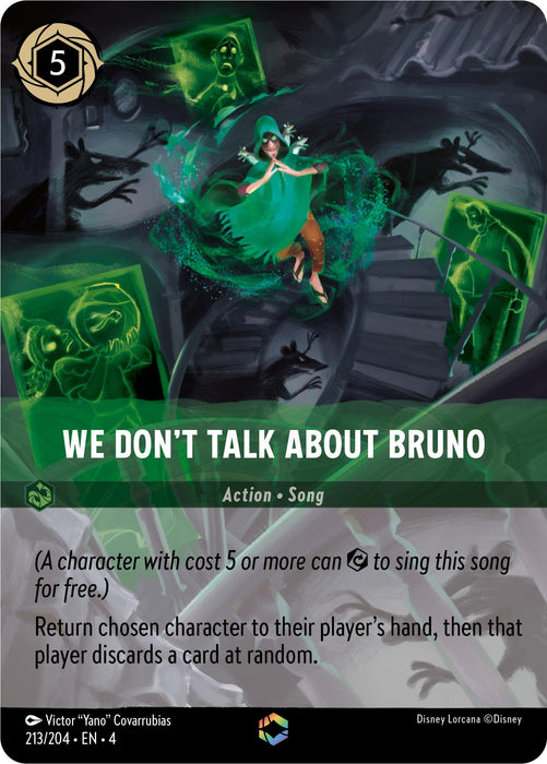 A card titled "We Don't Talk About Bruno (Enchanted) (213/204) [Ursula's Return]" from Disney. It depicts an enchanted, green-clad character singing amidst green mist, with a mystical atmosphere and ghostly figures in the background. The card text explains its effects in the game. Various icons and logos are present at the bottom.
