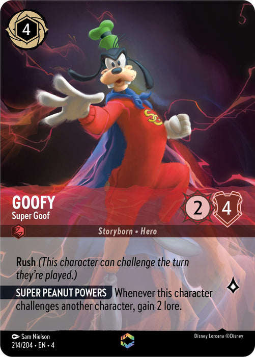 A digital card depicting Goofy as "Super Goof" from Disney Lorcana. The background features enchanted dark energy waves. Goofy is in a superhero outfit with a red costume, cape, and an "S" emblem. The card displays attributes: 4-cost, 2 strength, and 4 willpower, and abilities Rush and Super Peanut Powers. This product is named Goofy - Super Goof (Enchanted) (214/204) [Ursula's Return] by Disney.
