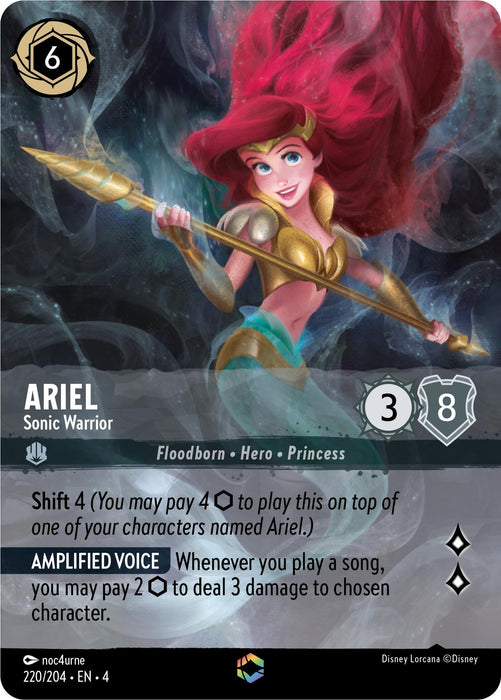 A trading card featuring Ariel from Disney's Lorcana. Ariel, depicted with vibrant red hair and wielding a glowing staff, is an Enchanted Sonic Warrior. She has 3 attack and 8 defense. The card includes symbols, abilities like "Shift 4" and "Amplified Voice," and text boxes detailing her attributes on the Ariel - Sonic Warrior (Enchanted) (220/204) [Ursula's Return] card by Disney.
