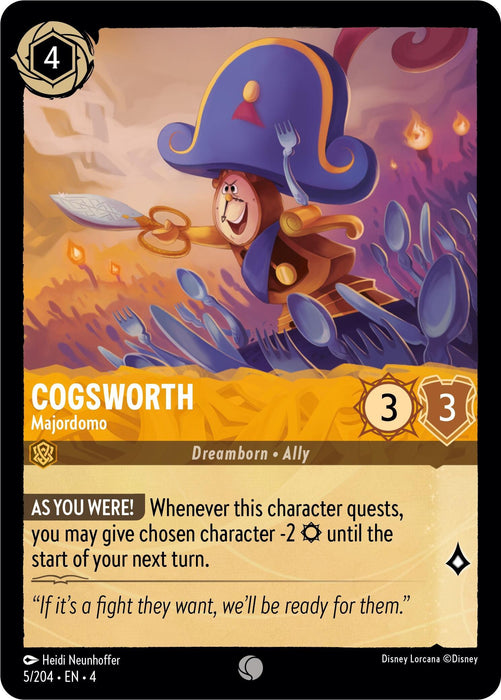 A digital trading card depicting Cogsworth, a character from "Beauty and the Beast." Illustrated as a round-faced clock with a mustache, wearing a blue hat and holding a key, this Disney's Cogsworth - Majordomo (5/204) [Ursula's Return] card features gold borders and stats of 4 cost, 3 attack, and 3 defense.
