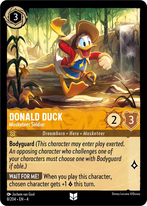 A card from the Disney Lorcana trading card game depicts Donald Duck as a Musketeer Soldier, adorned with a wide-brimmed hat, sword, and red cape. The card costs 3 and has strength 2 and willpower 3. Featuring abilities like "Bodyguard" and "Wait For Me!", it captures Donald's heroic spirit.
