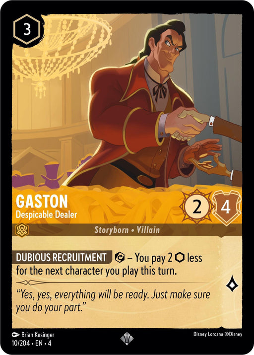 A Disney Lorcana trading card features Gaston, identified as a "Despicable Dealer." Gaston stands in a formal outfit, shaking hands and smiling confidently. This Super Rare card has a cost of "3" in the top left corner and stats of "2" and "4." The card's ability, "Dubious Recruitment," lowers the cost of the next character you play. Introducing Gaston - Despicable Dealer (10/204) [Ursula's Return] by Disney.