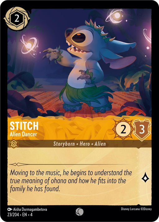 A colorful trading card featuring Stitch, an alien character, labeled "Stitch - Alien Dancer (23/204) [Ursula's Return]." Stitch, wearing a green leafy skirt, dances joyfully among vibrant plants, illuminated by warm light. Text below describes his journey of understanding "ohana" and family. Common rarity with Disney branding included.