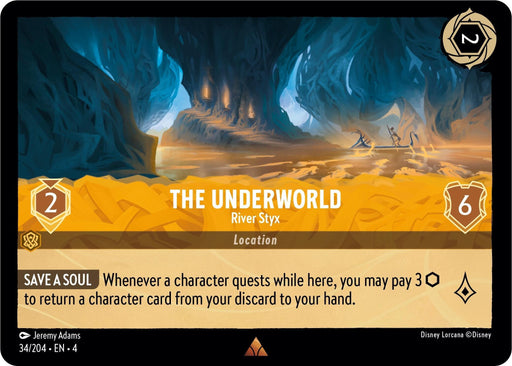 A rare card from Disney titled "The Underworld - River Styx (34/204) [Ursula's Return]," featuring a mystical underground landscape with blue and orange hues. With 2 power and 6 defense, its ability, "SAVE A SOUL," allows players to pay 3 to retrieve a character card from the discard pile. Perfect for Ursula's Return strategies.