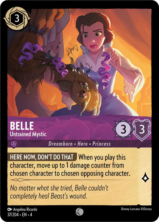A trading card features an illustration of Belle from Disney's "Beauty and the Beast." She is shown looking concerned, examining the Beast's injured arm wrapped in bandages. The card includes her name, title, and a hint of her abilities as an untrained mystic. Belle is wearing her iconic blue dress with a white apron. The trading card is called "Belle - Untrained Mystic (37/204) [Ursula's Return]" from Disney.