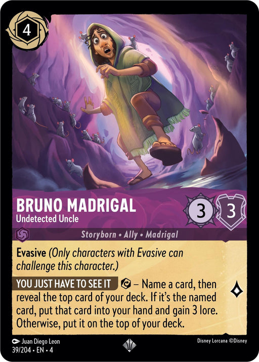 A "Disney" trading card features Bruno Madrigal - Undetected Uncle (39/204) [Ursula's Return]. In the image, Bruno appears surprised, standing amidst rats. As a Super Rare card, it has attributes: cost 4, strength 3, willpower 3, and a special ability called "You Just Have to See It." The background showcases a mysterious, dimly lit hallway.