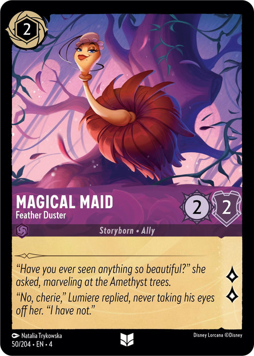 A Disney Lorcana trading card named "Magical Maid - Feather Duster (50/204) [Ursula's Return]." It features a feather duster adorned with a detailed feathered head and torso, standing against a vibrant purple forest backdrop with amethyst trees. The card has 2 strength, 2 willpower, and costs 2 ink. A quote from Lumiere appears below the image.