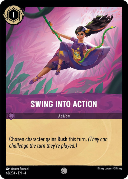 A collectible card titled "Swing into Action (62/204) [Ursula's Return]," with common rarity, depicts a female character with brown hair in a flowing purple dress swinging on vines in a dynamic forest scene. The card's effect text reads: "Chosen character gains the Rush ability this turn. (They can challenge the turn they’re played.)" Cost: 1 ink.
Brand Name: Disney
