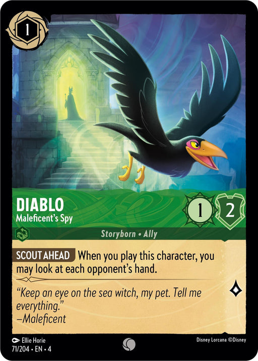 A card from the Disney game Disney Lorcana features Diablo - Maleficent's Spy (71/204) [Ursula's Return]. The card displays a dark bird with outstretched wings against a glowing green and yellow background featuring an arcane castle. The card text includes abilities and a quote from Maleficent, hinting at Ursula's Return.