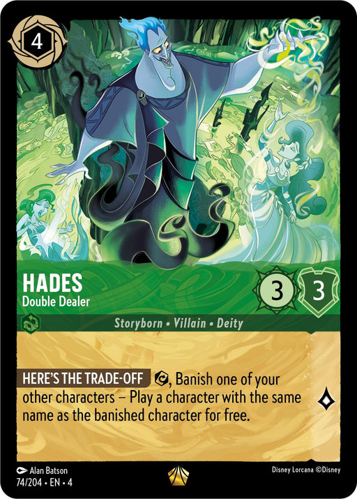 A Disney trading card titled "Hades - Double Dealer (74/204) [Ursula's Return]." The legendary card features Hades, a blue-skinned figure with flame-like blue hair, engulfed in green flames. It's number 74 out of 204 with a power/toughness of 3/3. The ability reads, "HERE'S THE TRADE-OFF: Banish one of your other characters –