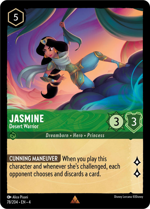 A card featuring the rare cartoon character, Jasmine - Desert Warrior (78/204) [Ursula's Return] by Disney.