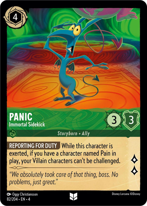 A Disney Lorcana trading card depicts a blue, nervous-looking character named Panic. It has a green background with swirling patterns, a green shield symbol with "3", and green circle with "3". The card features: "Panic - Immortal Sidekick (82/204) [Ursula's Return]," rules text, flavor text about Villain characters like Ursula's Return, and an icon for "4" ink cost.