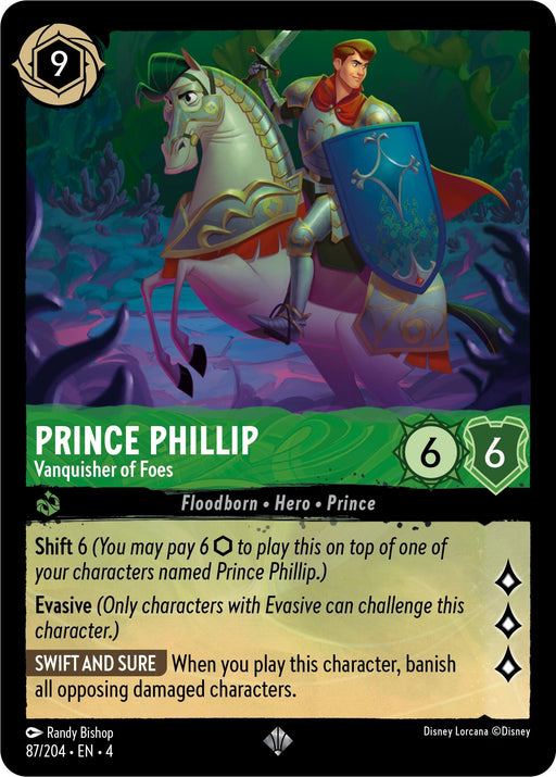A Disney Lorcana Super Rare trading card featuring Prince Phillip, Vanquisher of Foes (87/204) [Ursula's Return]. He rides a white horse through a mystical forest with blue and purple hues. The card states he is a Floodborn Hero Prince with stats 6/6 and includes special abilities such as Shift 6, Evasive, and Swift and Sure.