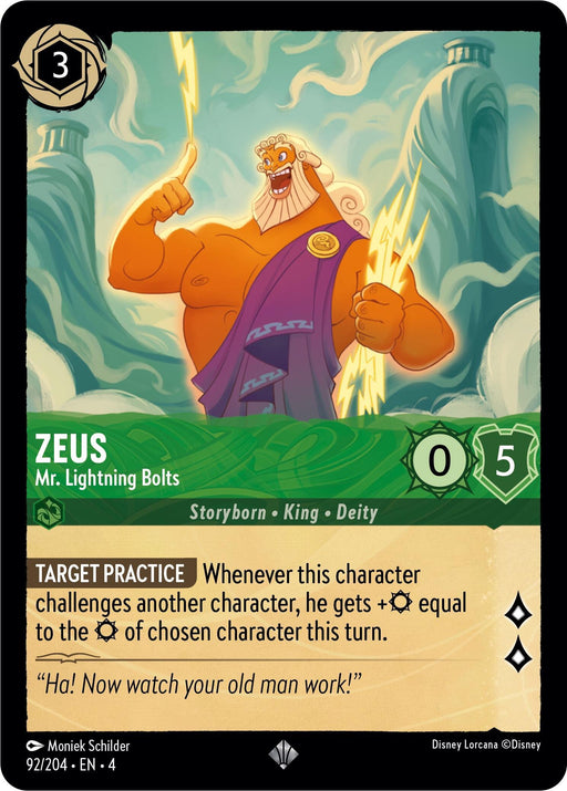 A collectible card featuring Zeus - Mr. Lightning Bolts (92/204) [Ursula's Return], also known as Zeus, from Disney. Zeus is depicted as a muscular figure with a bushy white beard, holding two lightning bolts. The Super Rare card has a green border and details including "Zeus," "Storyborn • King • Deity," and abilities for gameplay.