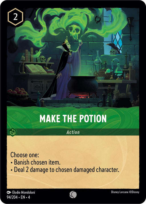 A card depicts a witch with green skin and a long purple robe, brewing a potion in a dimly lit laboratory filled with shelves, potions, and mystical items. The text reads: "Make the Potion (94/204) [Ursula's Return]. Disney. Action. Choose one: Banish chosen item. Deal 2 damage to chosen damaged character.