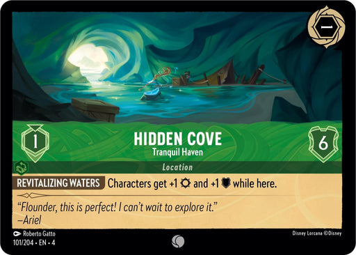 The image shows a Disney trading card named "Hidden Cove - Tranquil Haven (101/204) [Ursula's Return]." The card depicts characters in a serene cave with calm water and lush green surroundings. Text on the card reads, "Hidden Cove - Tranquil Haven, Revitalizing Waters" and features an in-game effect. Ursula’s Return is hinted for the 2024 release. A quote from Ariel says, "Flounder
