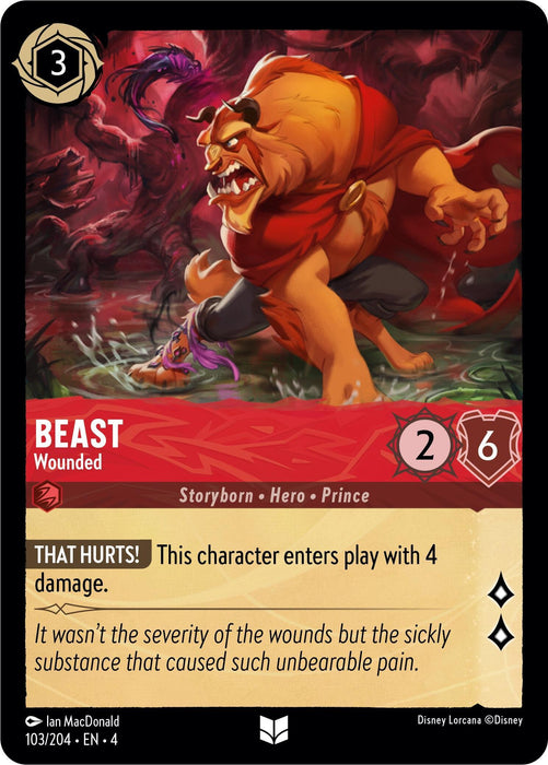 An uncommon rarity card featuring Beast - Wounded (103/204) [Ursula's Return], a menacing anthropomorphic lion with a muscular build, clad in red shredded clothing and a golden crown. His aggressive stance and outstretched claws signal danger. Cost 3, strength 2, willpower 6, debuff text: "This character enters play with 4 damage.