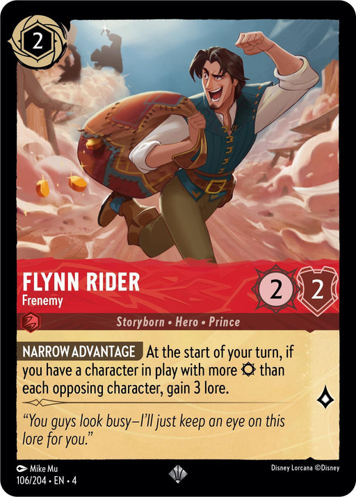 A Disney Lorcana trading card featuring Flynn Rider, labeled as "Flynn Rider - Frenemy (106/204) [Ursula's Return]," showcases his stats of 2/2, classified as Storyborn, Hero, and Prince. The ability "Narrow Advantage" is described. An illustration depicts Flynn Rider mid-stride, carrying a brown satchel. This card is notably Super Rare.