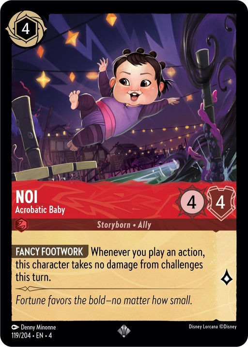 A super rare trading card featuring "Noi - Acrobatic Baby (119/204) [Ursula's Return]" from Disney. The card shows a joyful baby girl executing a mid-air flip in a pink outfit and black shoes, with lanterns above and flags in the background. With 4 cost, 4 attack, 4 defense, she also has special info on fancy footwork.