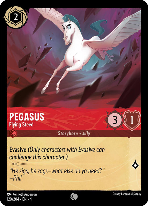 A playing card titled "Pegasus - Flying Steed (120/204) [Ursula's Return]" features an elegant white winged horse flying against a red and black abstract background. The card details include a cost of 2, strength 3, and willpower 1. Abilities listed are "Evasive (Only characters with Evasive can challenge this character.)". Text at the bottom reads, "He zigs, he zags–what else?" This product is from Disney.