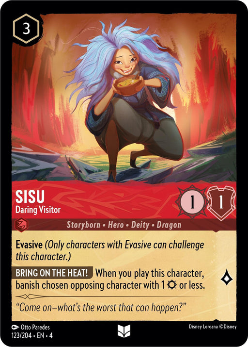 A digital card features Sisu, a blue-haired character, eating soup. The card has a red background with fiery elements and shows the title "Sisu - Daring Visitor (123/204) [Ursula's Return]." It includes descriptions like "Evasive," "Hero," and "Dragon," with attributes 1 attack and 1 defense, costing 3 to play. This **Disney** card can banish an opposing character.