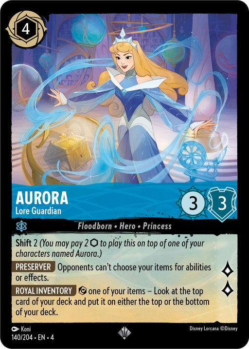 A trading card features Aurora - Lore Guardian (140/204) [Ursula's Return], depicted in a blue and white gown with a crown. She stands with arms raised amid swirling magical energy. This super rare Disney card has attributes including “Floodborn,” “Hero,” and “Princess," with attack and defense values of 3 each. Special abilities are listed below.