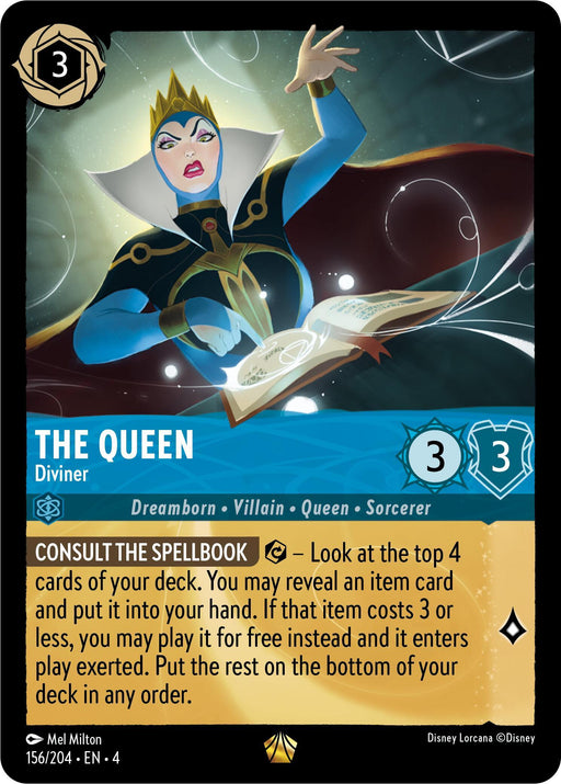 A card with a woman in a garment, reminiscent of a legendary diviner, holding a book: The Queen - Diviner (156/204) [Ursula's Return] by Disney.