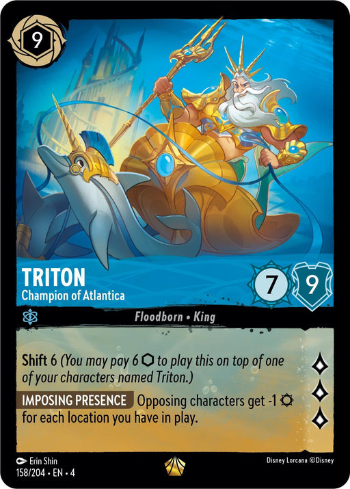A "Triton - Champion of Atlantica (158/204) [Ursula's Return]" trading card from Disney depicting Triton, Champion of Atlantica. Triton is shown as a regal figure in an underwater kingdom, riding a dolphin-like sea creature. The card features a cost of 9 ink, 7 attack, and 9 defense. Special abilities include Shift 6 and Imposing Presence. Truly legendary!
