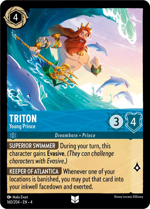 A card from Disney features Triton - Young Prince (160/204) [Ursula's Return], a young prince with a trident, leaping from the ocean's waves. Triton has 3 attack points and 4 defense points. The card text describes his special abilities: "Superior Swimmer" and "Keeper of Atlantica." The card number is 160 of Ursula's Return set.