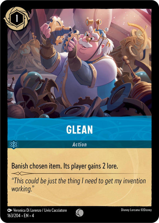 A Disney Lorcana card named "Glean (163/204) [Ursula's Return]" with an illustration of a happy, spectacled inventor surrounded by various gadgets and glowing gears. The top left shows a cost of 1. Text: "Banish chosen item. Its player gains 2 lore." Flavored text reads: "This could be just the thing I need to get my invention working.