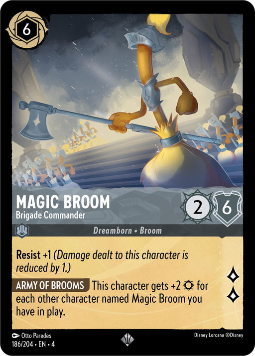 A super rare card featuring a cartoon character holding Magic Broom - Brigade Commander (186/204) [Ursula's Return] by Disney.
