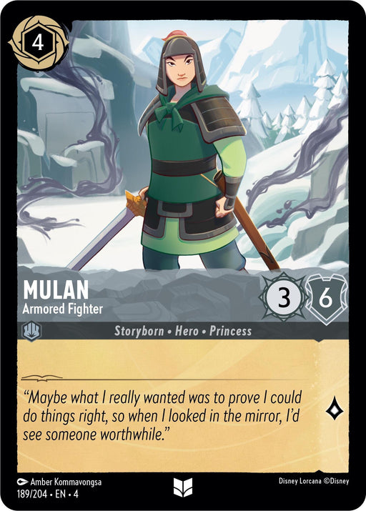 A digital card features Mulan, titled "Mulan - Armored Fighter (189/204) [Ursula's Return]." Depicted in warrior gear, Mulan stands confidently in a snow-covered mountainous landscape. This uncommon card details a cost of 4, stats of 3 attack and 6 defense, and a quote: "Maybe what I really wanted was to prove I could do things right, so when I looked in the mirror." Disney