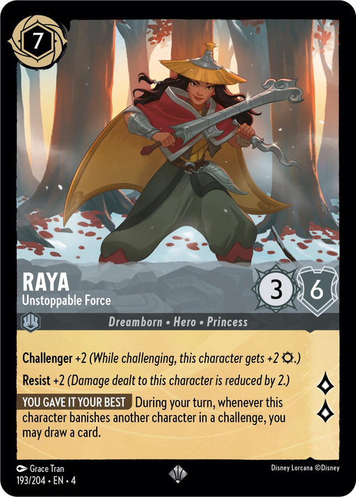 A Disney Lorcana trading card showcases Raya in a dynamic pose with a blade, wearing a conical hat and red cape. This Super Rare card includes 7 Ink, 3 Power, and 6 Defense stats. Special abilities: Challenger +2, Resist +2, and "You Gave it Your Best," allowing you to draw a card after she banishes another character.