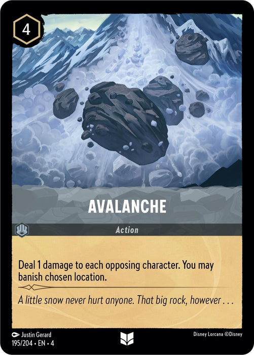The card titled "Avalanche (195/204) [Ursula's Return]" from Disney features a large avalanche with massive rocks tumbling down a snowy mountain. Scheduled for the 2024-05-17 release date, this Uncommon rarity card reads: "Deal 1 damage to each opposing character. You may banish chosen location. A little snow never hurt anyone. That big rock, however...