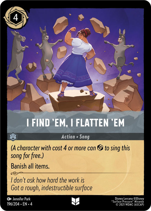 A card from Disney Lorcana's 2024 release features a woman in a dress and apron poised to strike, surrounded by three kangaroos—two with anthropomorphic features—on rocky terrain. Titled "I Find 'em, I Flatten 'Em (196/204) [Ursula's Return]," the text below details her ability to banish all items and highlights action and song attributes.