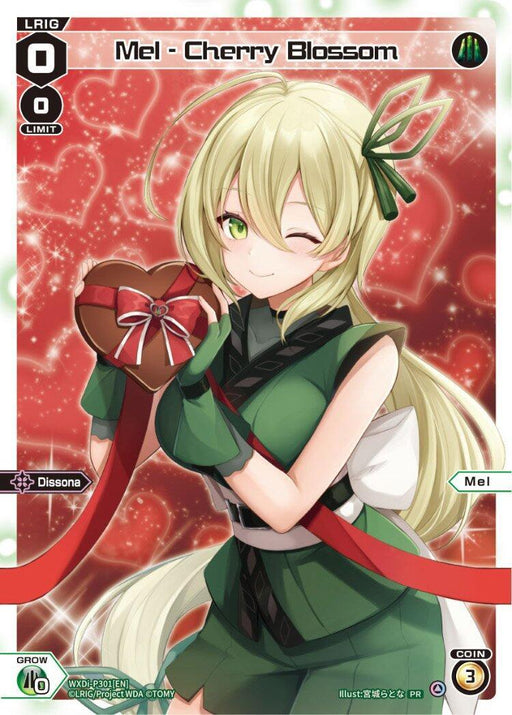 A colored trading card featuring an anime-style character named Mel, from the "Cherry Blossom" set. Mel has long blonde hair with green highlights, tied with a green leaf hairpiece. She is wearing a green and black outfit. She smiles and holds a heart-shaped chocolate in her hands. The background is red with sparkling effects. Text on the Promo Card includes "Mel - Cherry Blossom (Box Purchase) (WXDi-P301[EN]) [Promo Cards]" by TOMY.
