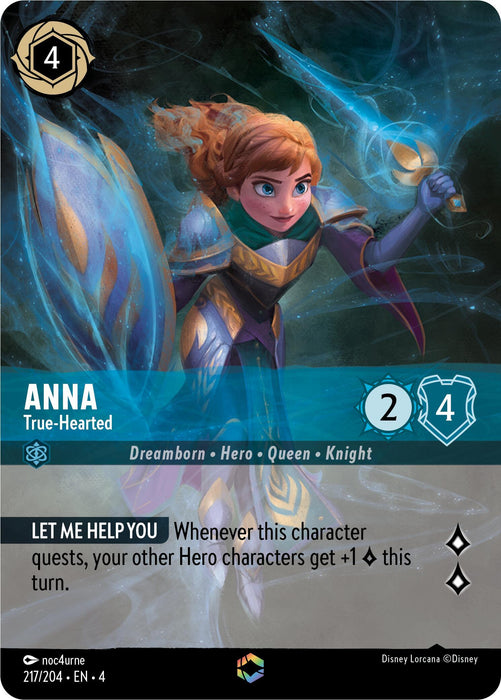 A card from the Disney Lorcana trading card game shows "Anna - True-Hearted (Enchanted) (217/204) [Ursula's Return]" in battle armor holding a flaming sword and shield. She has 2 attack and 4 defense points. Her ability, "Let Me Help You," gives other Hero characters +1 attack this turn when she quests. The card's number is 217/204.