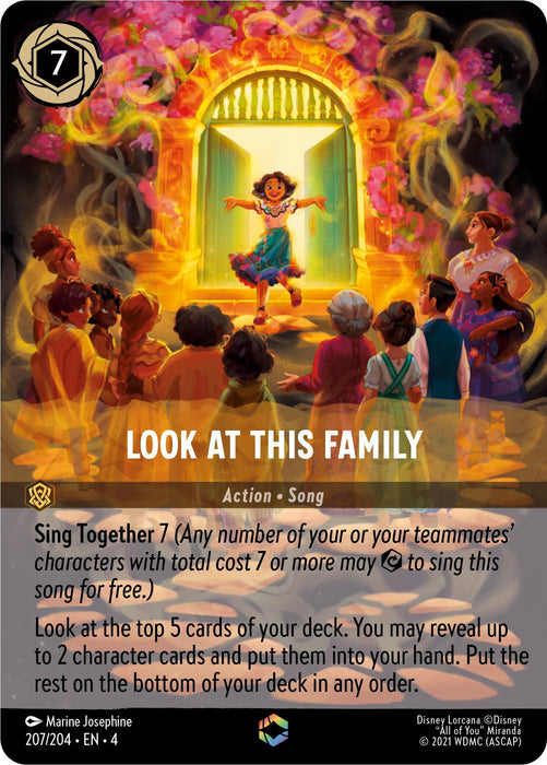 A joyful girl dances and sings in a vivid, brightly-lit room, her arms wide open. Surrounding her are captivated people of all ages and diverse clothing styles, watching with delight. The text on the image describes the abilities of the Disney character card titled "Look at This Family (Enchanted) (207/204) [Ursula's Return].