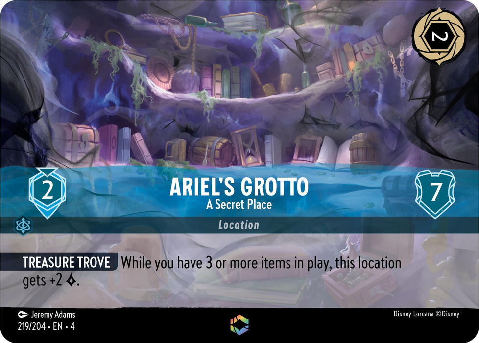 The image depicts a trading card titled "Ariel's Grotto - A Secret Place (Enchanted) (219/204) [Ursula's Return]," featuring an enchanted underwater cave filled with various human artifacts, including books and chests. It has a score of 2/7. The card has a special ability called "Treasure Trove," granting +2 when three or more items are in play. This product is from Disney.