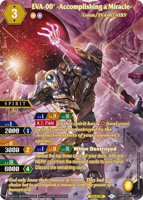 A Bandai game card titled "EVA-00' -Accomplishing a Miracle- (SPR) (CB01-034) [Collaboration Booster 01: Halo of Awakening]." This Special Rare card features a mechanical figure with a blue helmet and yellow armor, emitting pink energy. Various stats and abilities are listed, including a cost of 3 and specific spirit points. The background showcases a dynamic, action-packed scene.