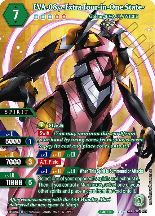 The image is of a colorful trading card labeled "EVA-08y -Extra Four-in-One State- (SPR) (CB01-035) [Collaboration Booster 01: Halo of Awakening]." This Special Rare from Bandai features a robotic character in vibrant armor with green, pink, and yellow details, holding a spear. The Halo of Awakening card details various stats and abilities, including levels, attack power, and special effects.