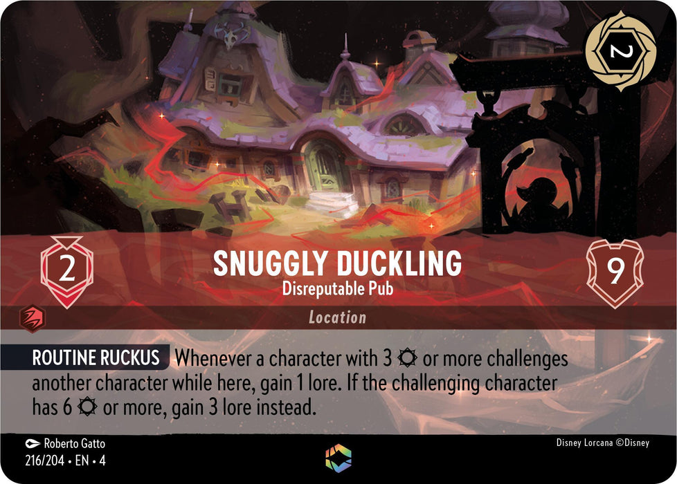 A fantasy-themed game card titled "Snuggly Duckling - Disreputable Pub (Enchanted) (216/204) [Ursula's Return]" by Disney features an illustration of a whimsical, cozy pub with glowing windows and a rooftop adorned with flags. Text at the bottom details the card's effects: "Routine Ruckus," an enchanted event that triggers lore gain when characters challenge each other.